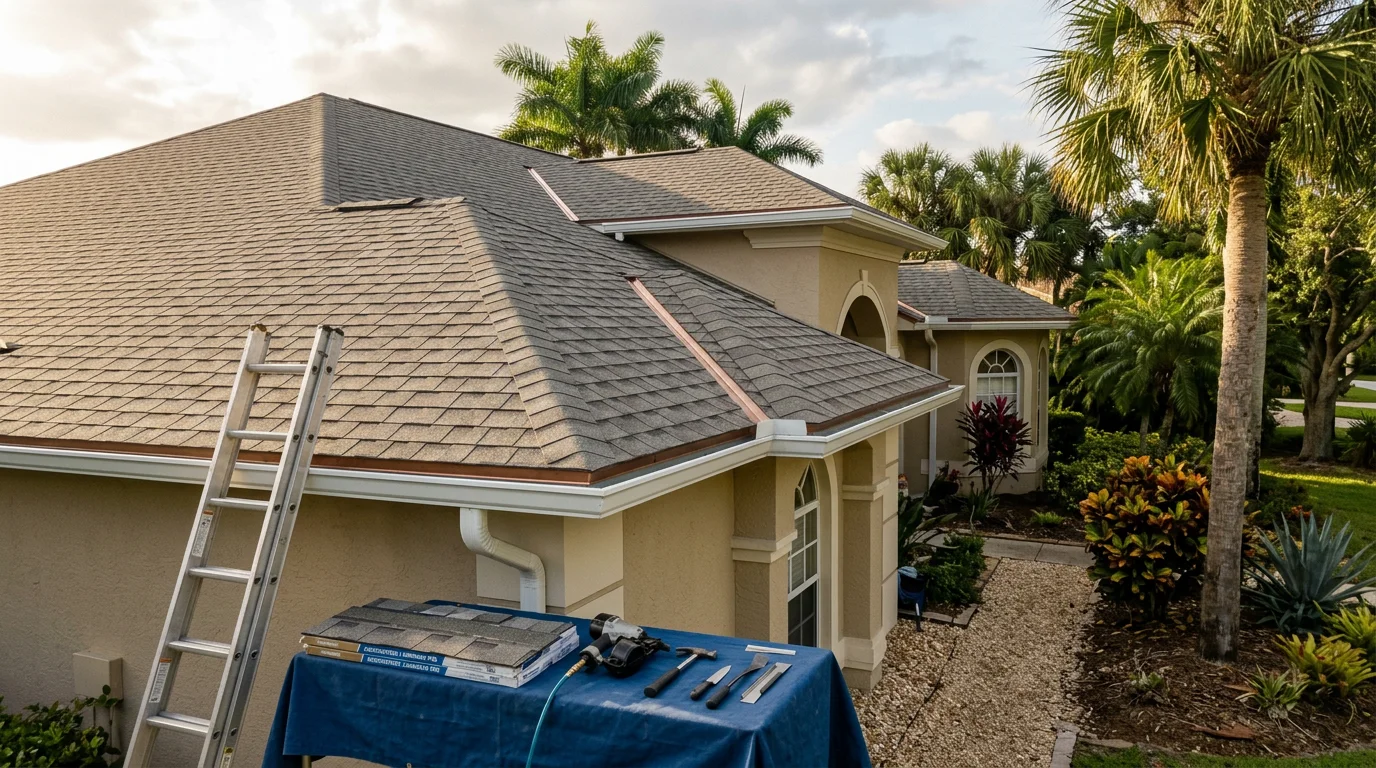 Roofing contractor installing new roof on residential home