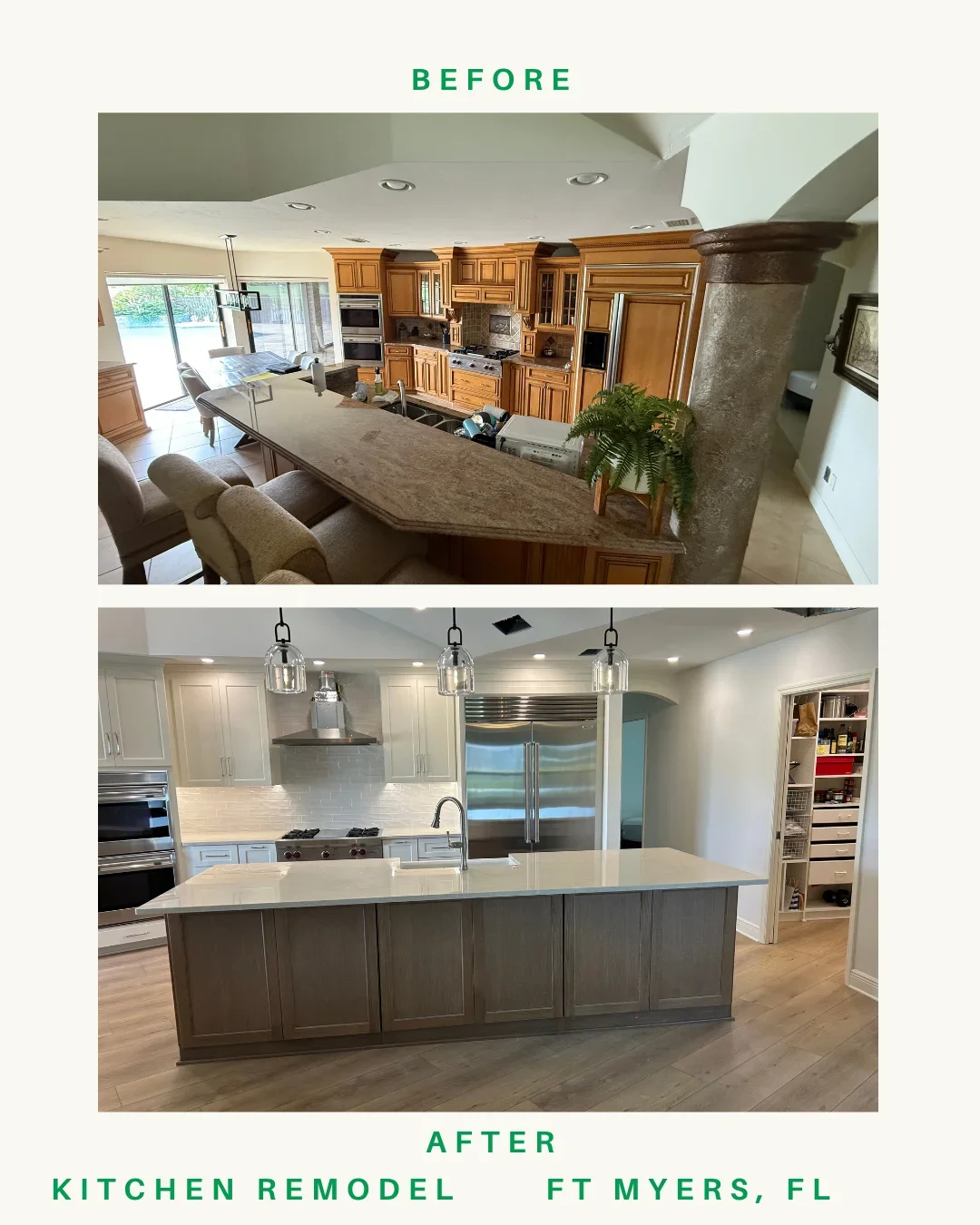 Kitchen remodel with white cabinetry, subway tile, stainless steel appliances, and gray island