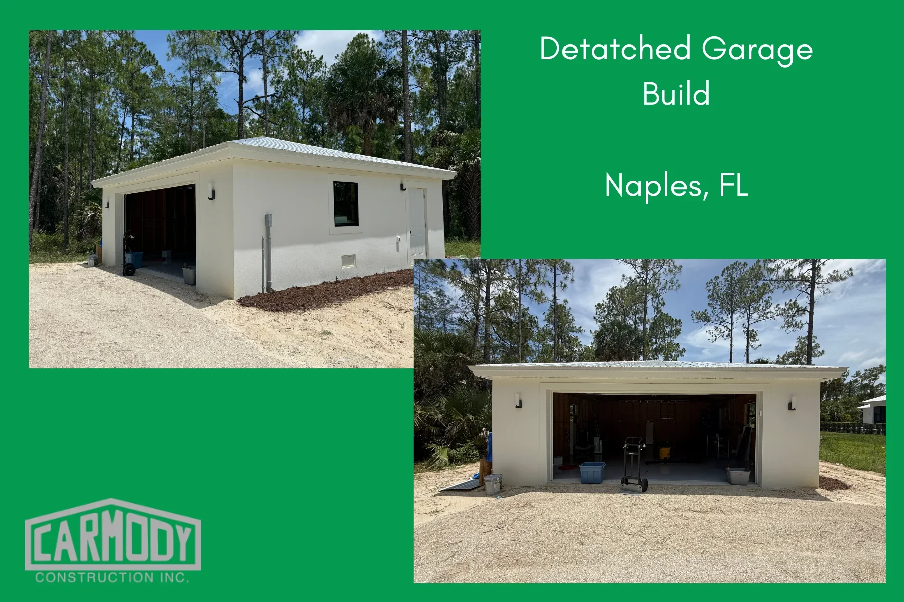 Cream concrete block detached garage with flat roof and overhead door
