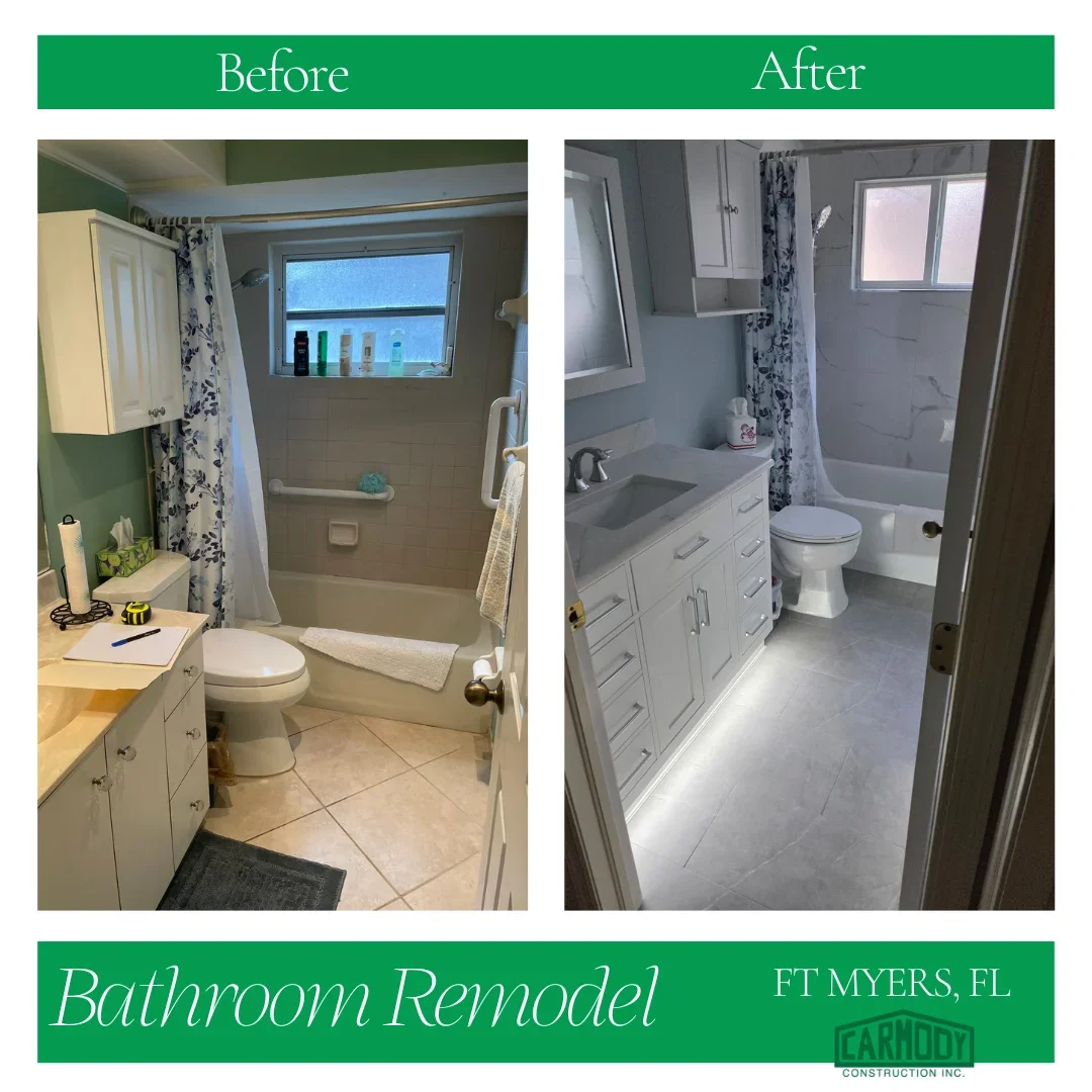 Before and after bathroom remodel with new white cabinets, gray tile flooring, and updated fixtures