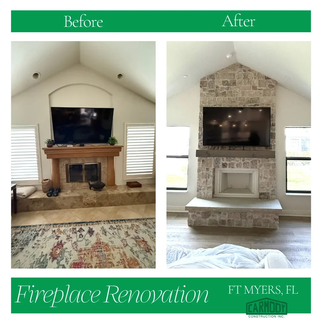 Stone veneer fireplace with TV mount, steel hearth, and recessed lighting in vaulted room