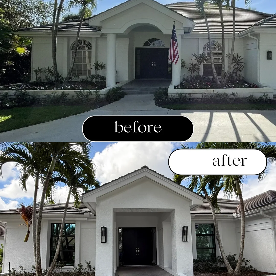 White stucco home front with black-framed windows, doors, and new exterior lighting fixtures