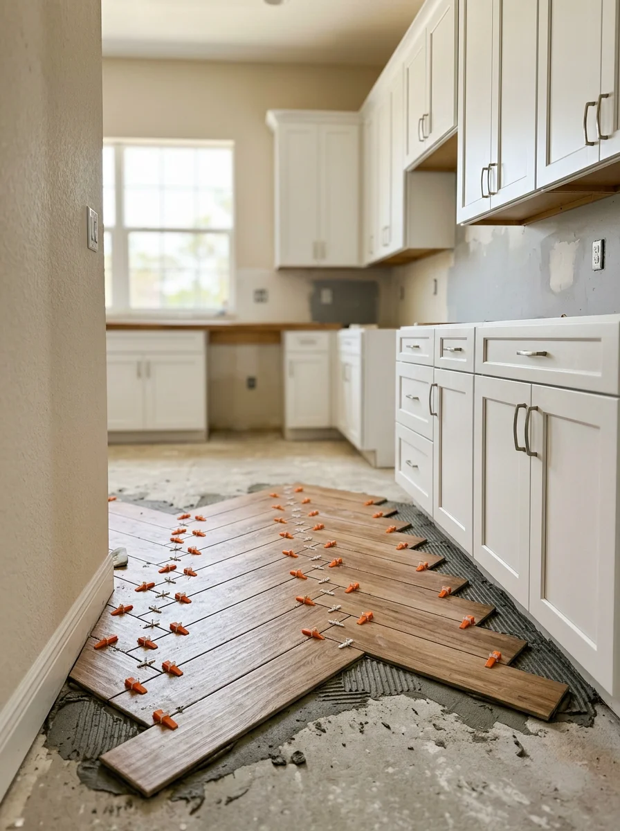 Kitchen remodel in progress in a Bonita Springs gated community home, showing new cabinet installation and tile flooring being set in an early 2000s construction interior.