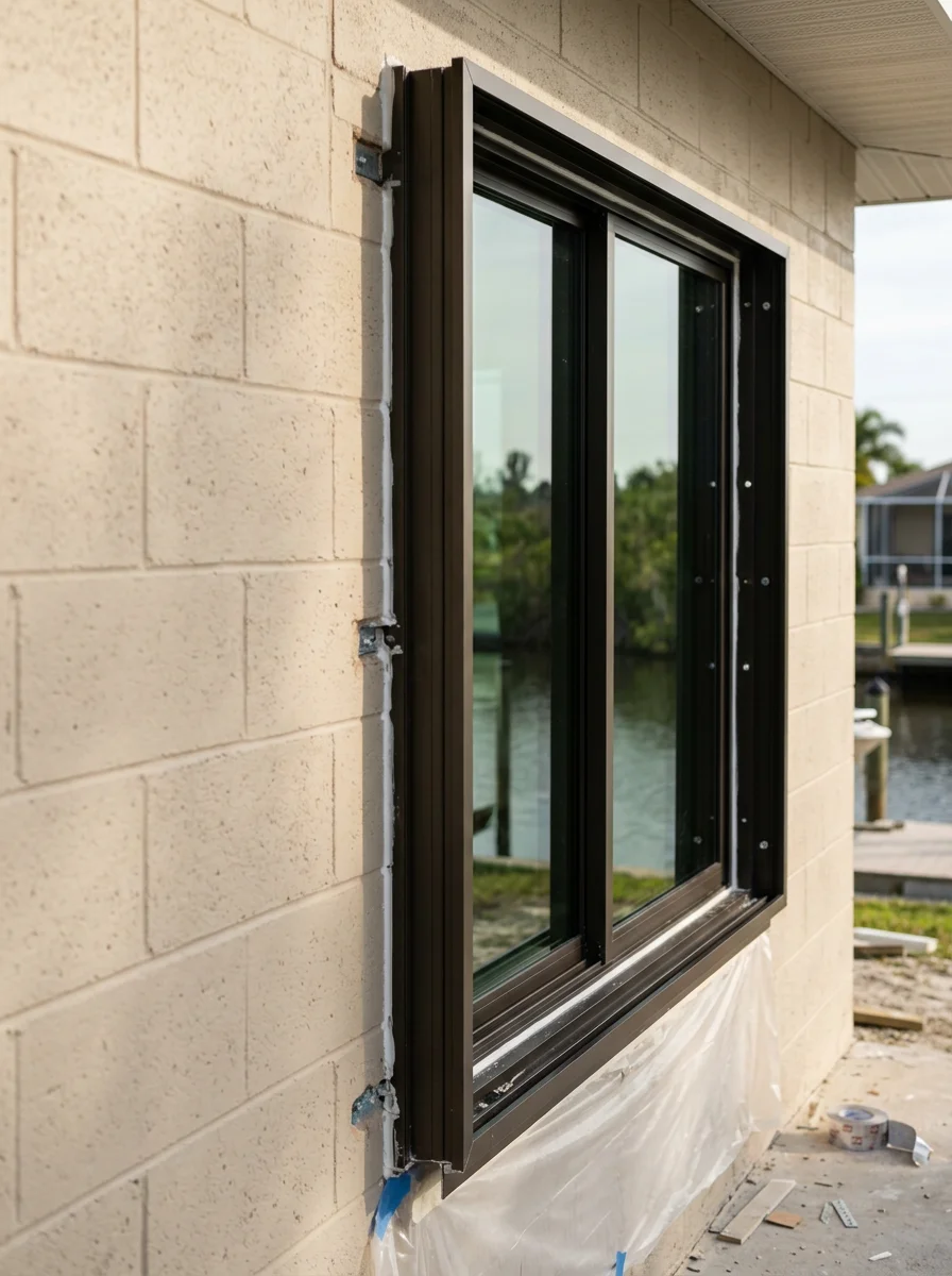 Impact window installation in progress on a Cape Coral home in a flood zone, showing the new frame set into a concrete block wall with canal access visible outside.