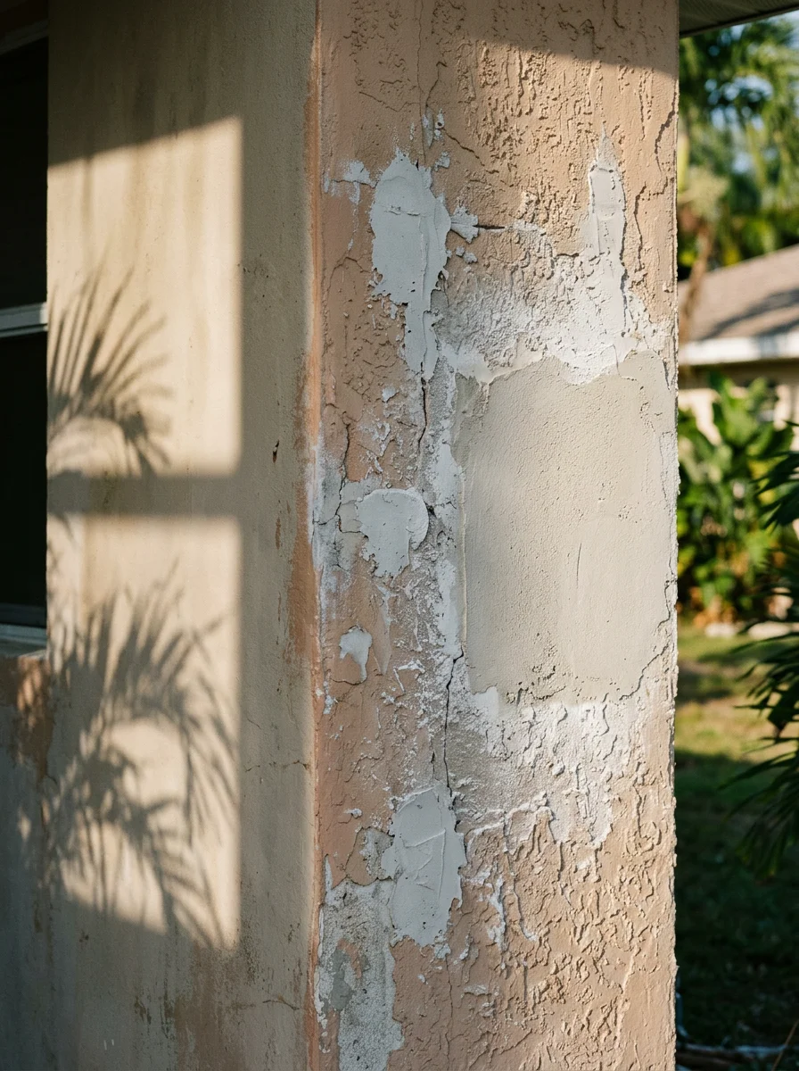 Exterior stucco repair and painting in progress on a Port Charlotte, Florida home, showing patched stucco surface being prepared for a new exterior paint coat.
