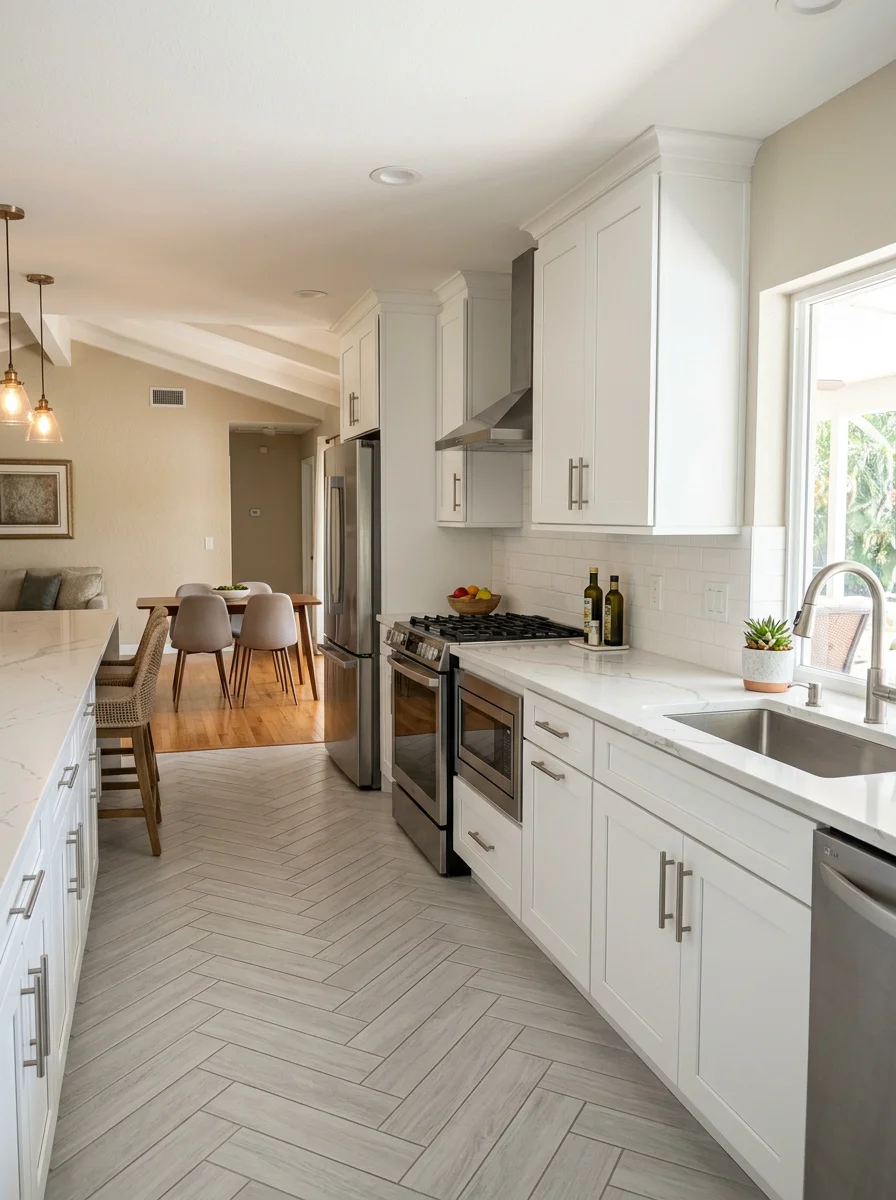 Interior of a Fort Myers kitchen remodel showing new cabinet installation and tile flooring in a home with an open-concept layout carved from an original 1970s floor plan.