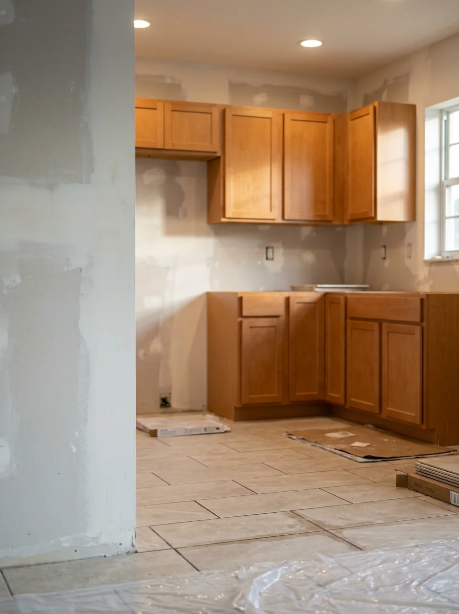 Interior of a Lehigh Acres kitchen remodel showing new cabinet installation and tile flooring being installed in a 1980s-era Florida home.