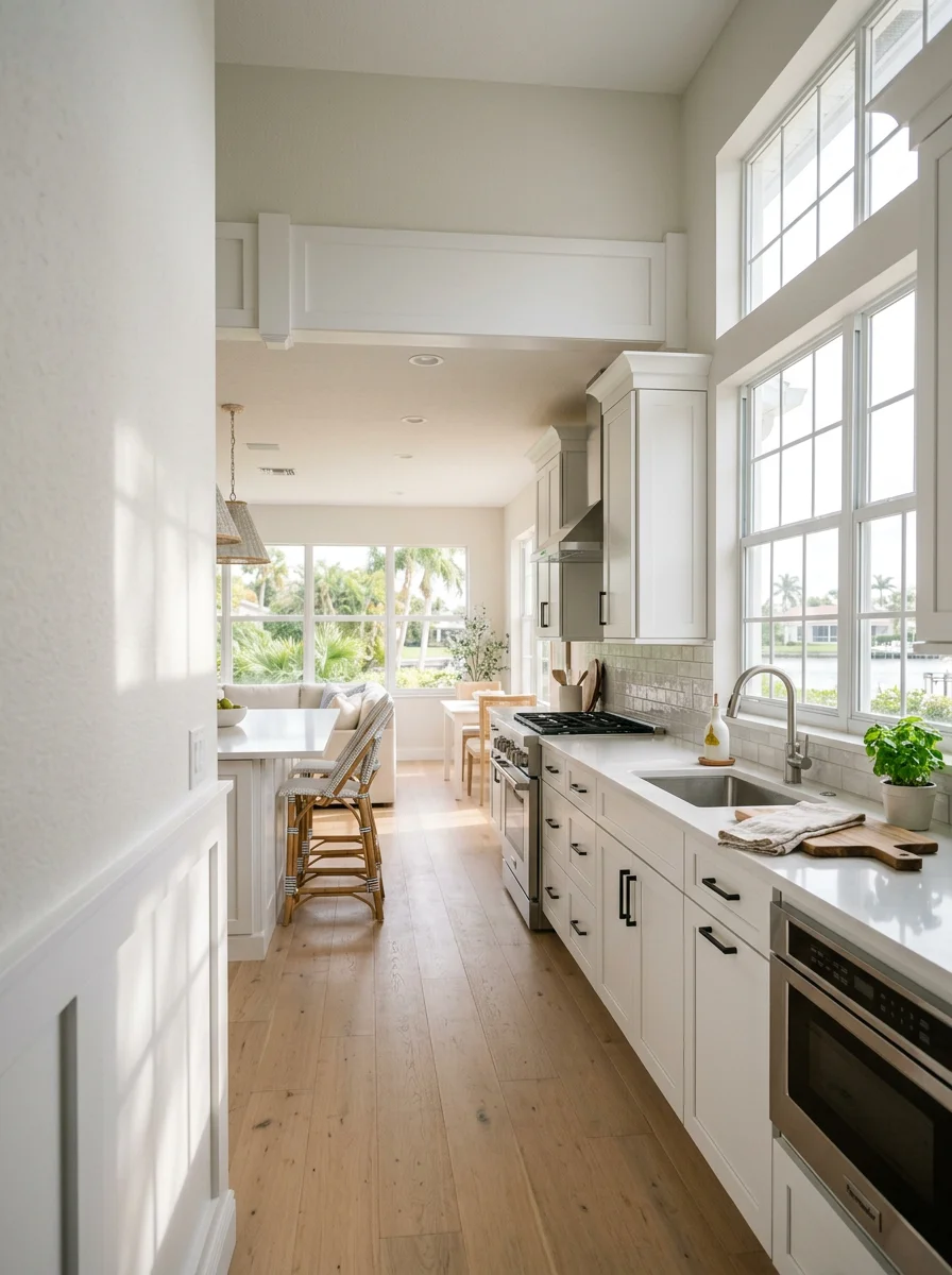 Interior of a Marco Island kitchen remodel showing new cabinet installation and open-concept layout after a load-bearing wall was removed and a structural header was installed.