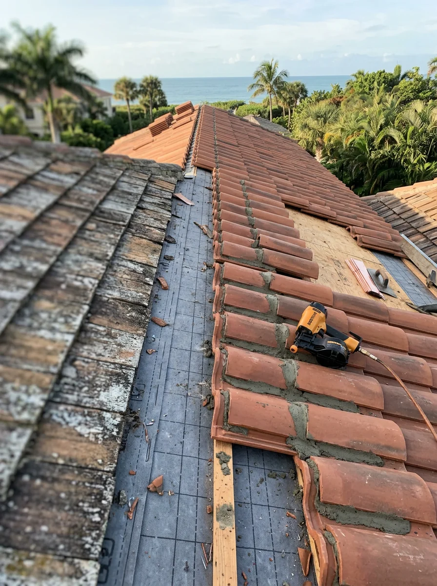 Close-up of a tile roof installation in progress on a Naples, FL home, showing new underlayment and clay tile being set in coastal conditions.