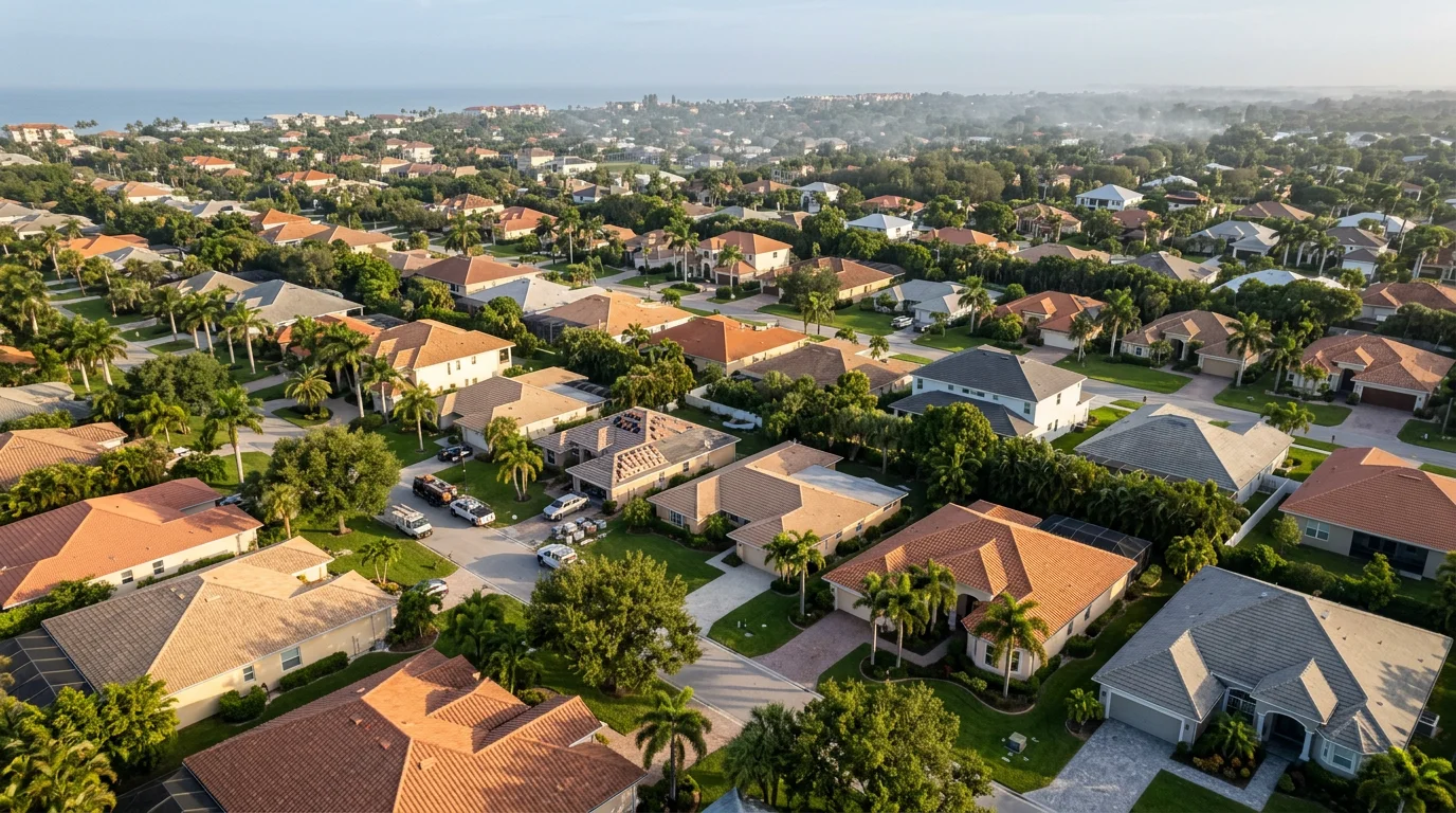 Aerial view of a Naples, Florida neighborhood showing Mediterranean-style tile roofs and a mix of 1970s concrete block homes and newer custom construction near the Gulf coast.