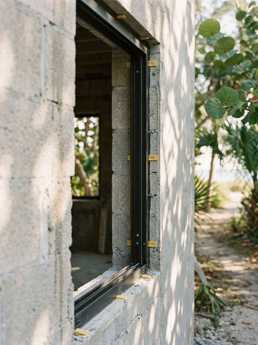 Impact window installation on a Sanibel, Florida home, showing a new wind-rated window frame being set into a concrete block wall with coastal vegetation visible outside.