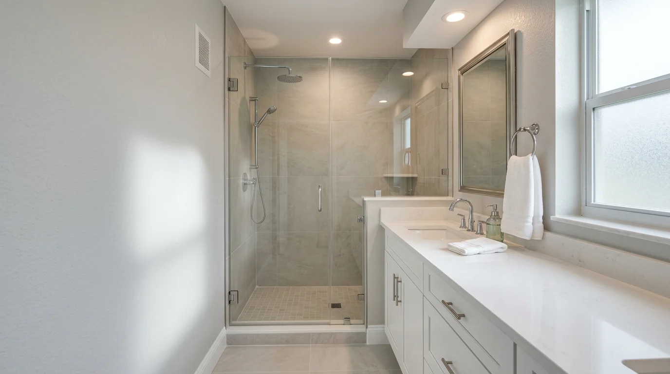 Renovated bathroom interior in a Naples, Florida home featuring a walk-in shower, updated vanity, and moisture-resistant tile finishes suited for Southwest Florida's coastal climate.