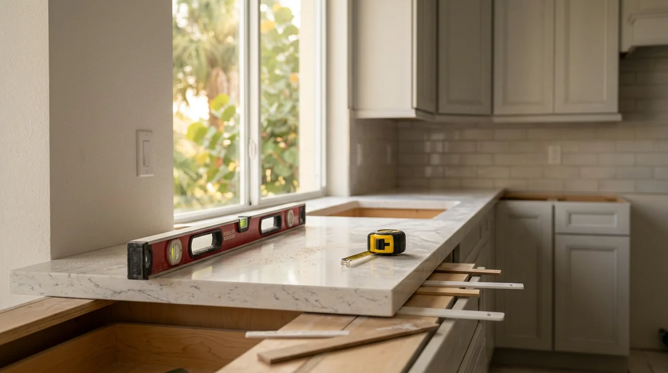 Newly installed stone countertop on white kitchen cabinets inside a Naples, Florida home. The surface runs along a bright kitchen with natural light, reflecting the clean finish typical of Southwest Florida coastal remodels.