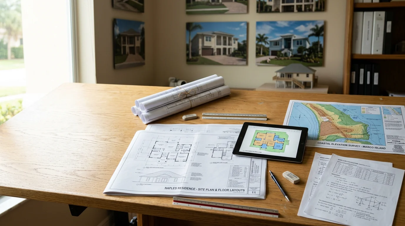 A residential design plan laid out on a table with a Southwest Florida coastal home visible through a window in the background. A contractor reviews the floor plan layout during an early-stage design consultation in Naples, Florida.