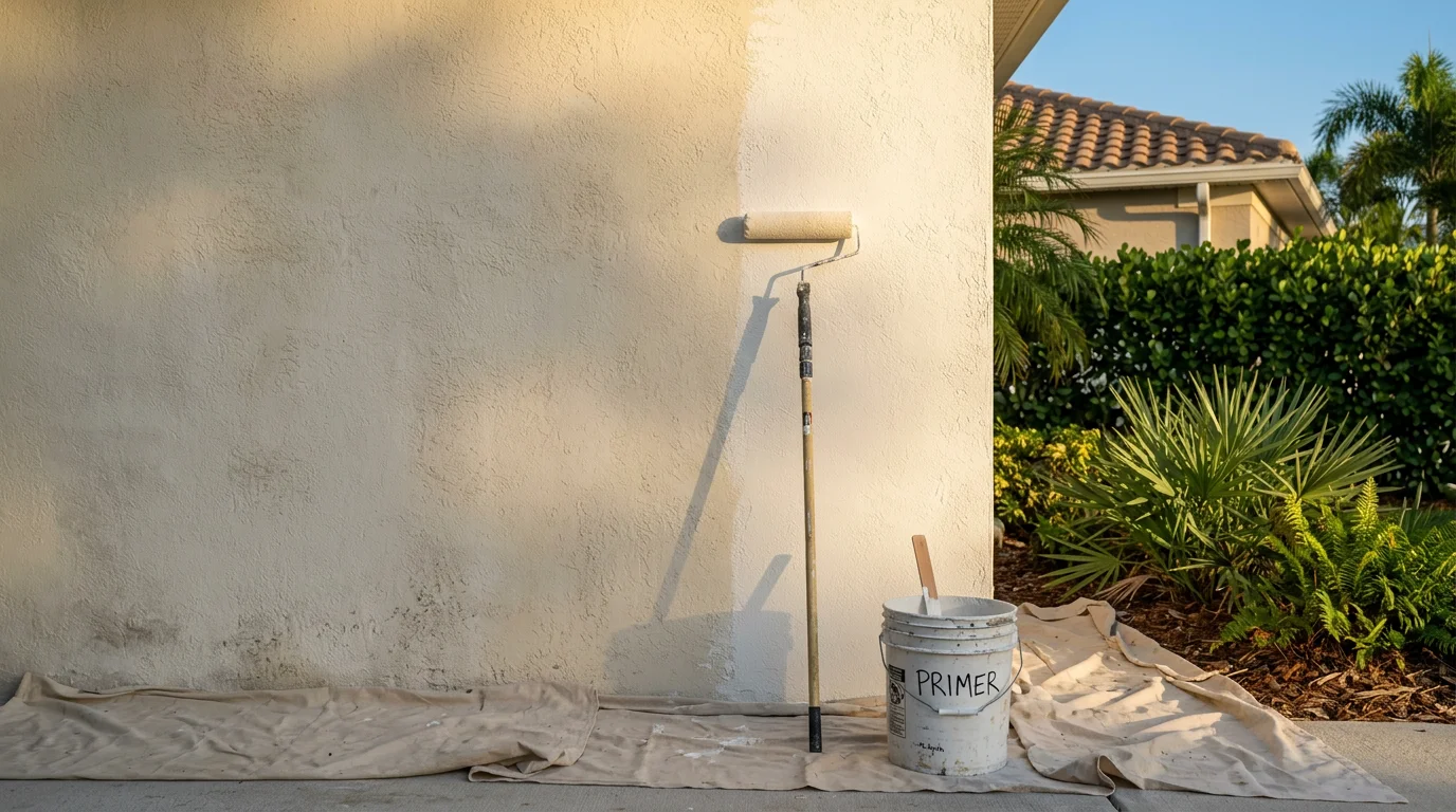 Freshly painted stucco exterior of a single-family home in the Naples, Florida area, showing clean trim lines and a uniform finish on a bright Southwest Florida day.