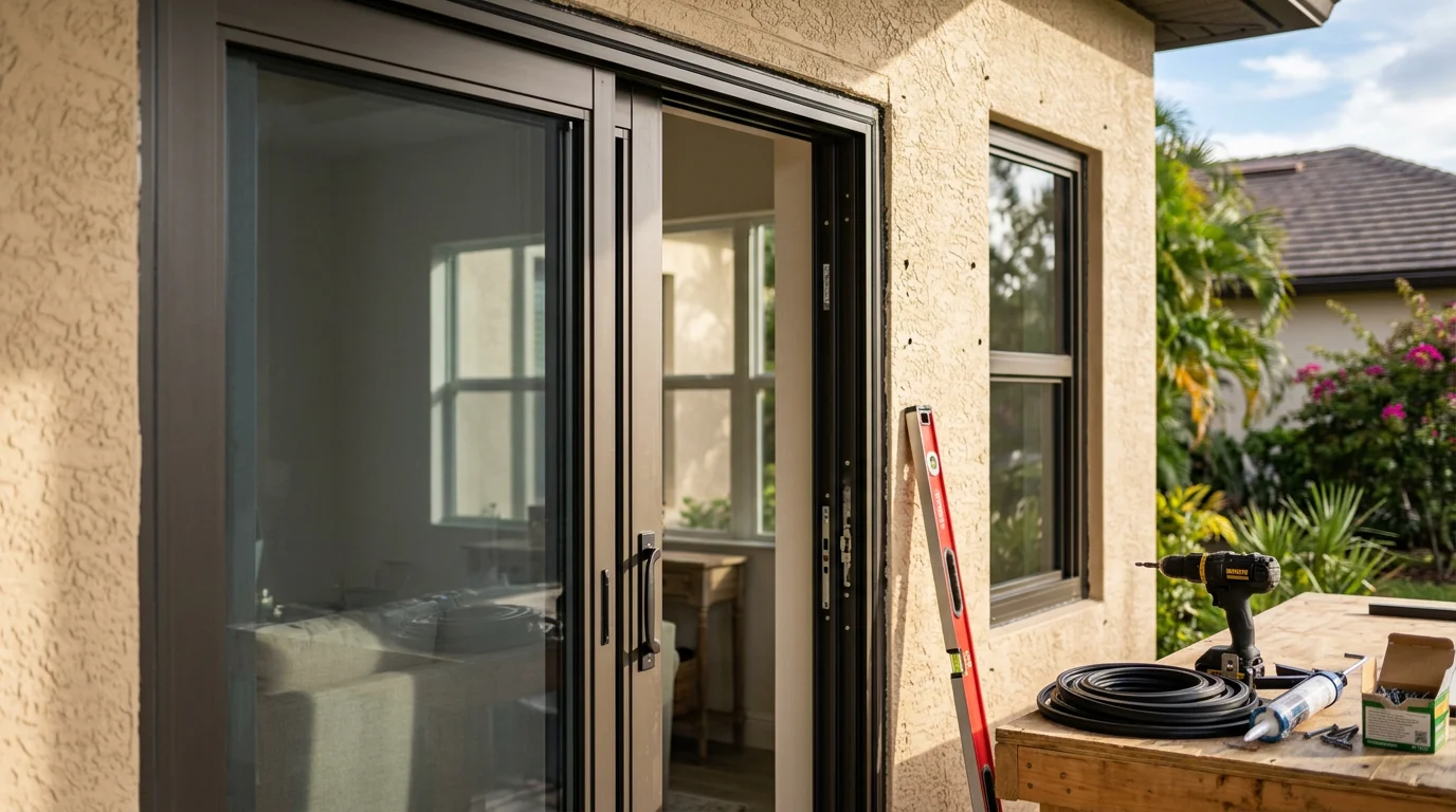 Newly installed impact windows and a hurricane-rated entry door on a single-story residential home in Naples, Florida. The exterior shows clean frame lines against a stucco facade typical of Southwest Florida construction.