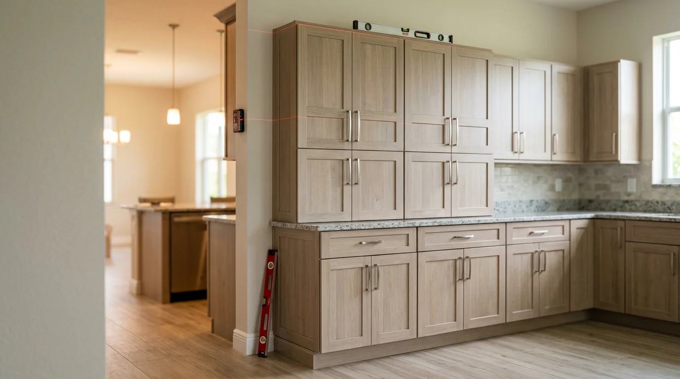 Newly installed kitchen cabinets in a Naples, Florida home, showing clean door alignment, consistent finish, and organized upper and lower cabinet layout. The kitchen reflects the coastal Southwest Florida setting with light tones and practical storage design.