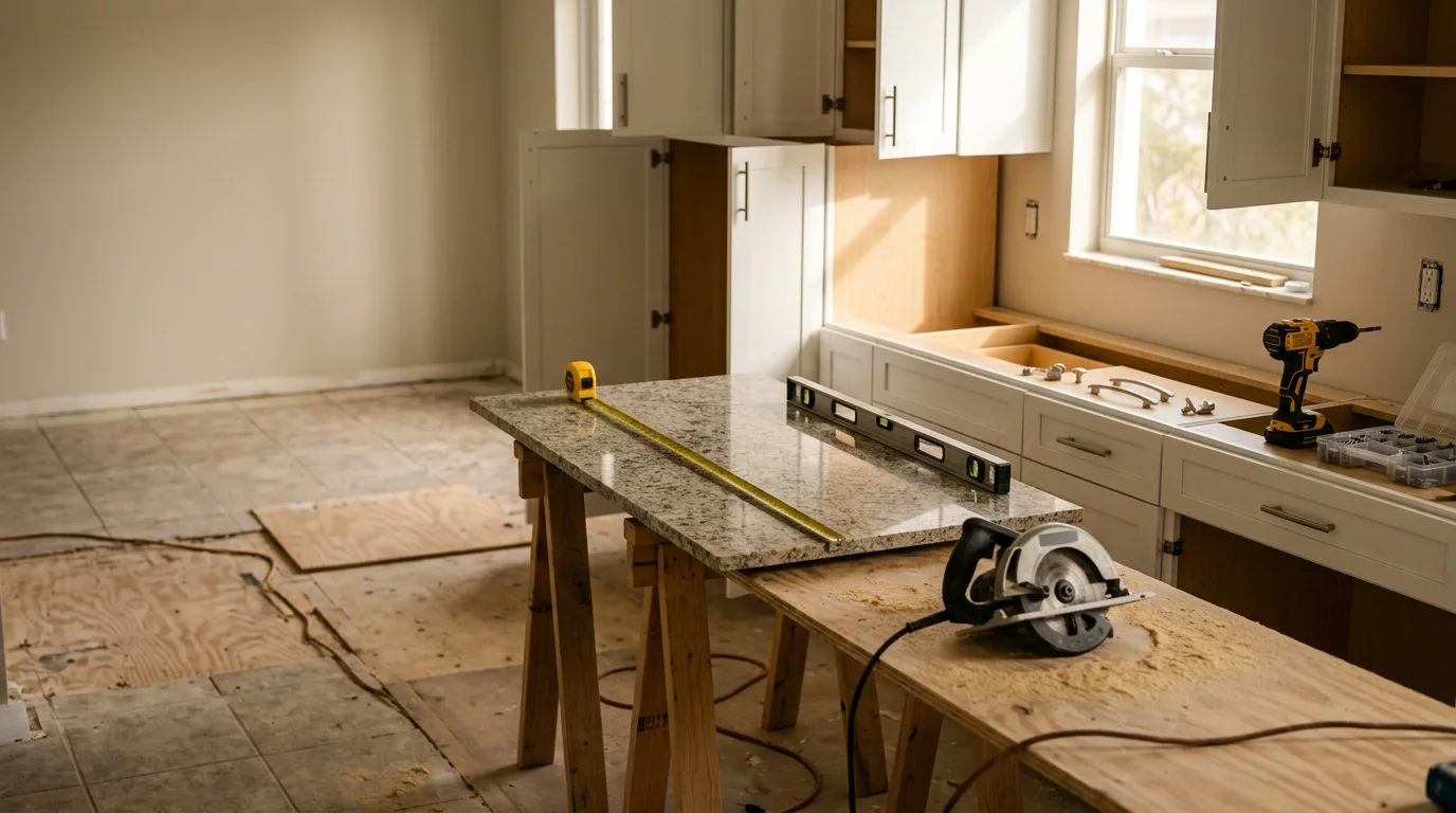 Remodeled kitchen interior in a Naples, Florida home featuring an open layout with updated cabinetry and countertops suited to the coastal Southwest Florida climate. Natural light fills the space through windows overlooking a landscaped yard typical of Collier County residential neighborhoods.