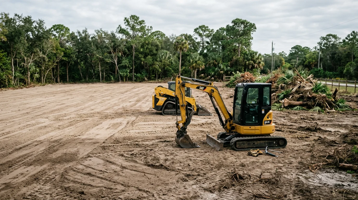 A freshly cleared and graded residential lot in the Naples, Florida area, with flat, compacted ground ready for construction and no remaining brush or debris. Surrounding subtropical vegetation and a clear sky are visible in the background.