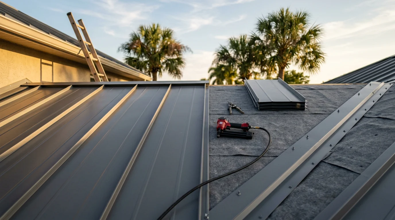 A completed standing seam metal roof on a residential home in Naples, Florida, showing clean panel lines and corrosion-resistant finishes suited to the coastal Southwest Florida climate. The installation reflects the low-pitch roofline common to homes in the Greater Naples area.
