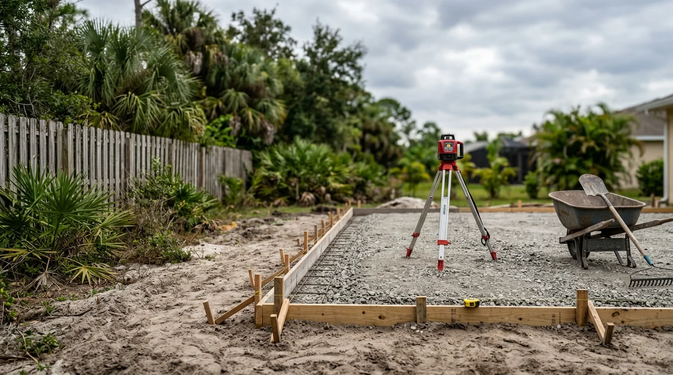 A finished patio installation at a Southwest Florida home in Naples, showing a clean surface layout with proper drainage slope and an open outdoor living area. The space is photographed in natural daylight with lush Florida landscaping visible along the perimeter.