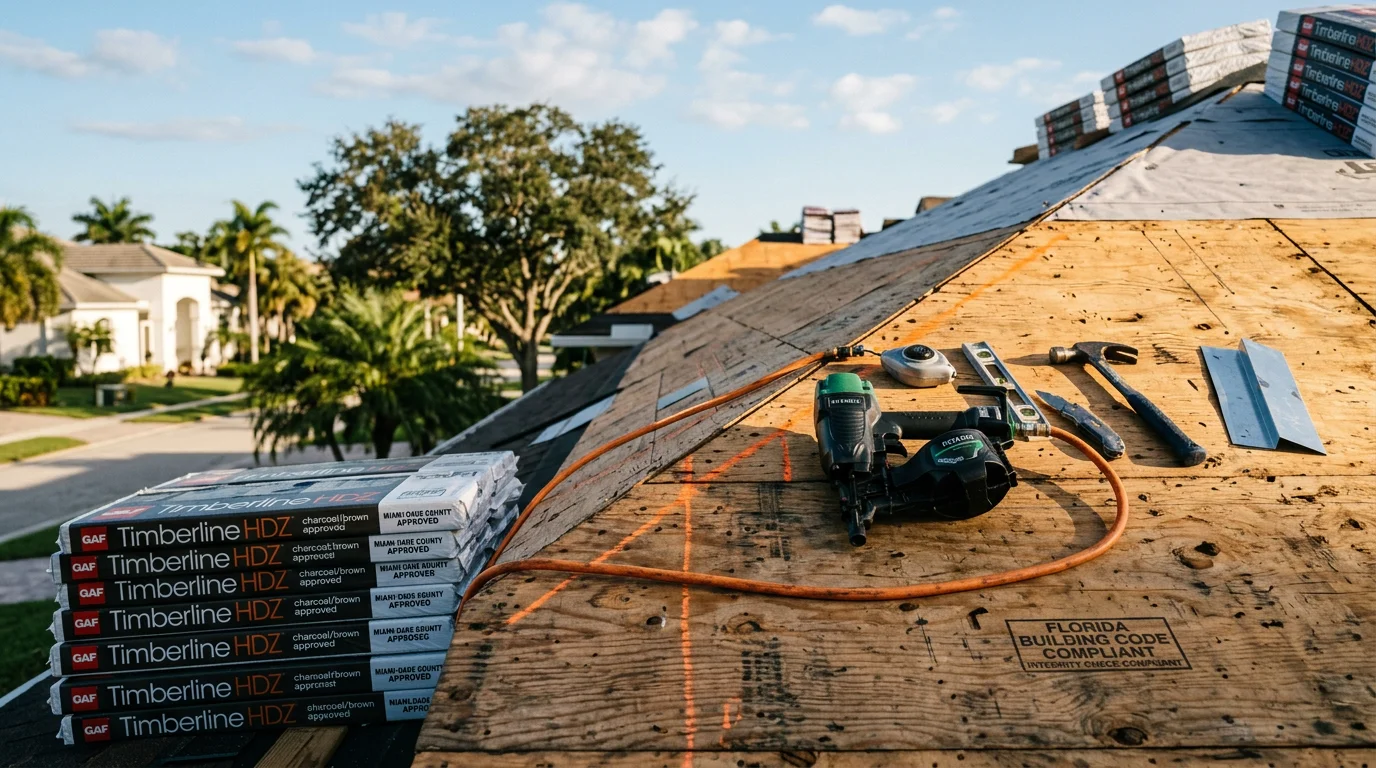 A completed residential roof replacement on a Southwest Florida home under clear blue skies, showing a full new roofing system installed across a single-story Naples-area property. The finished roof reflects the clean lines typical of Collier County homes built for coastal wind conditions.