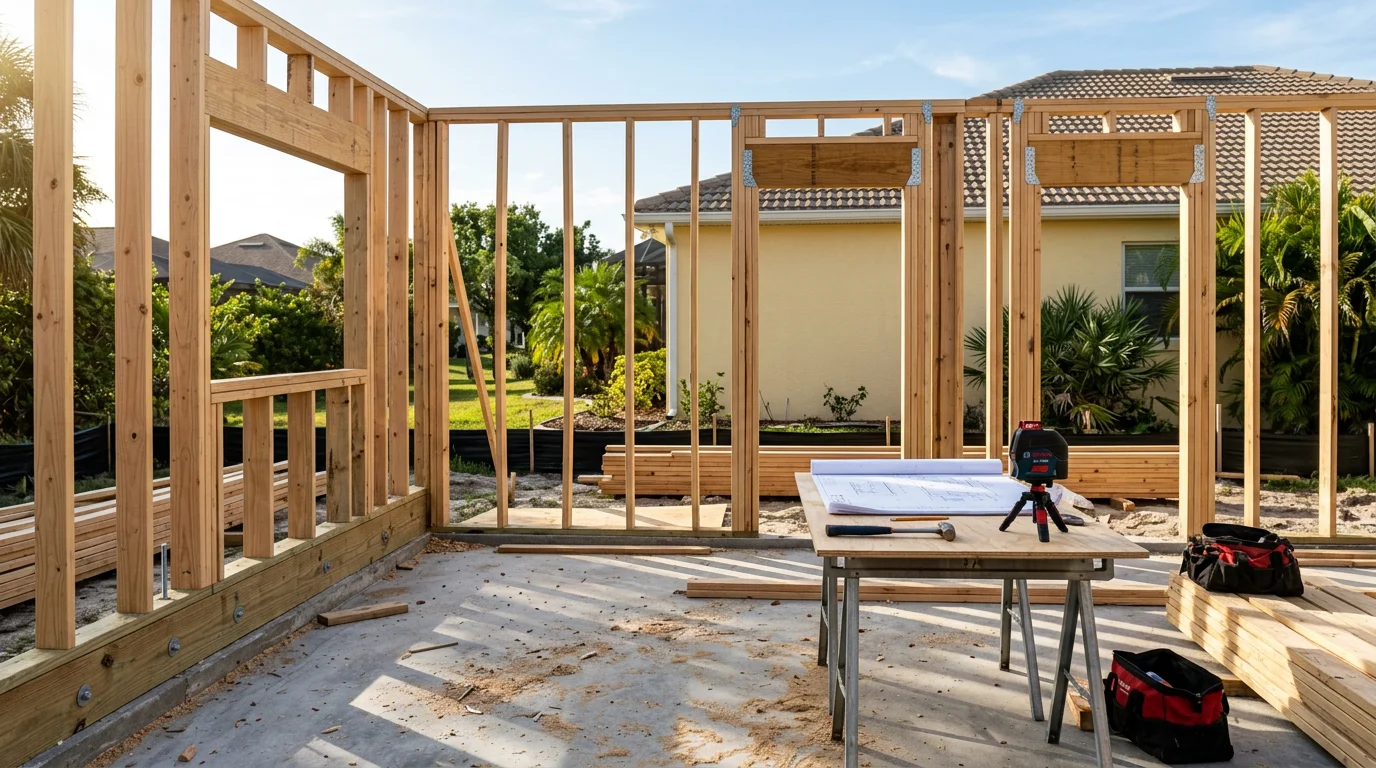 A newly completed room addition on a single-story home in Naples, Florida, with a roofline and exterior finish that matches the original structure. The addition extends the rear of the home and opens to a landscaped backyard typical of Southwest Florida properties.