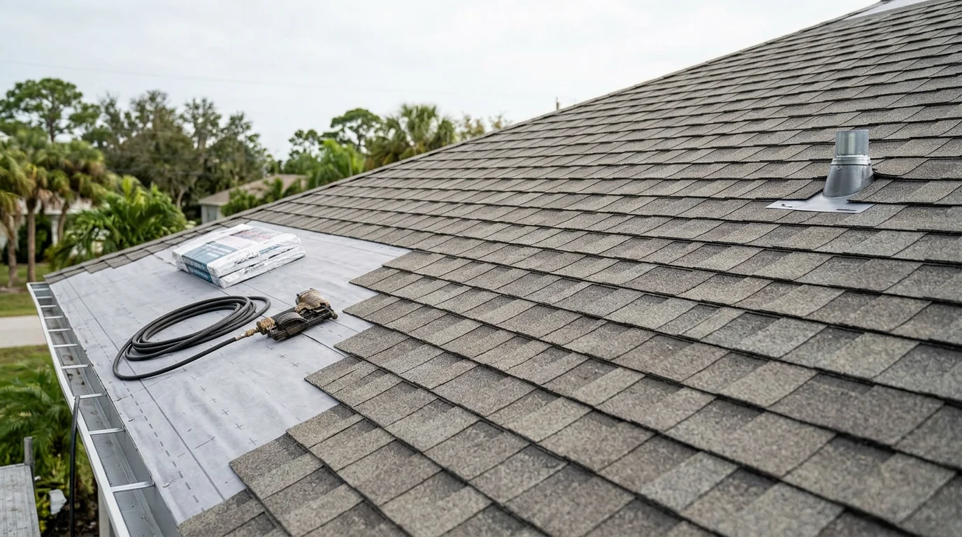 Newly installed shingle roof on a single-family home in Naples, Florida, showing clean ridge lines and uniform shingle coursing under bright Southwest Florida sunlight. The completed installation reflects a full roofing system prepared for Collier County's coastal wind and weather conditions.