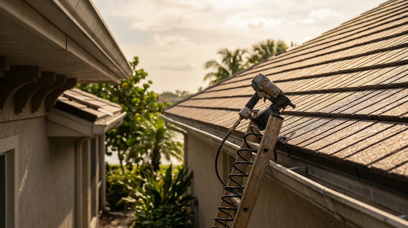 Completed stone-coated steel roof installation on a single-family home in Naples, Florida, showing interlocking panels with a tile-style profile under clear Southwest Florida skies. The finished roof covers a residential property typical of the Collier County area, with clean ridge lines and a uniform stone-chip finish.