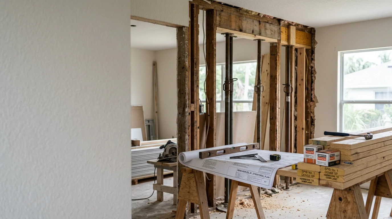 Interior of a Naples, Florida home mid-structural alteration, showing an engineered beam installed where a load-bearing wall was removed to open the living and kitchen area. Exposed framing and new beam hardware visible against a concrete block exterior wall.