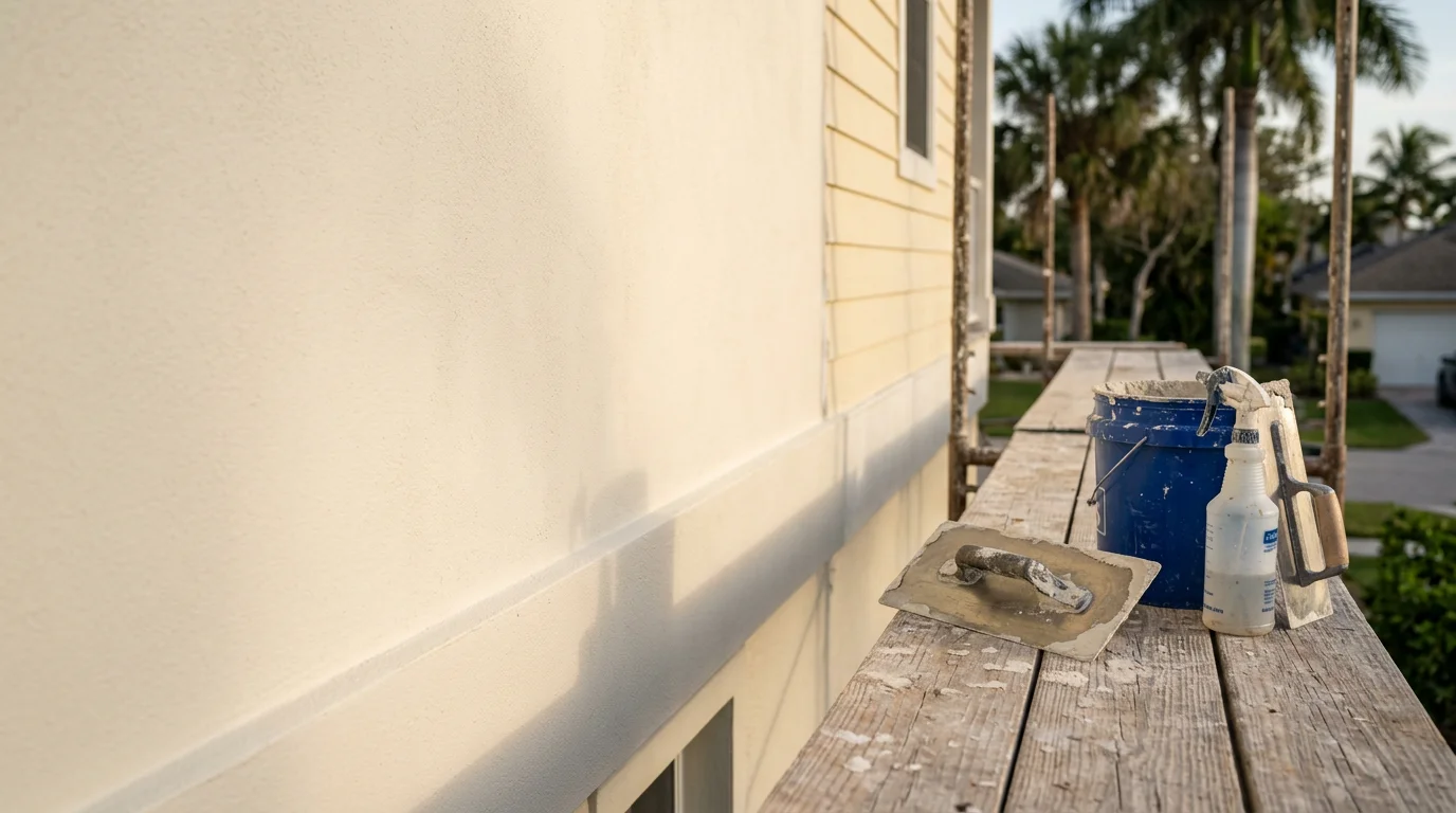 Freshly installed stucco exterior on a single-family home in Naples, Florida, showing a smooth finish under bright Southwest Florida sunlight. The completed wall surface runs along the full front facade with clean edges at window and door openings.