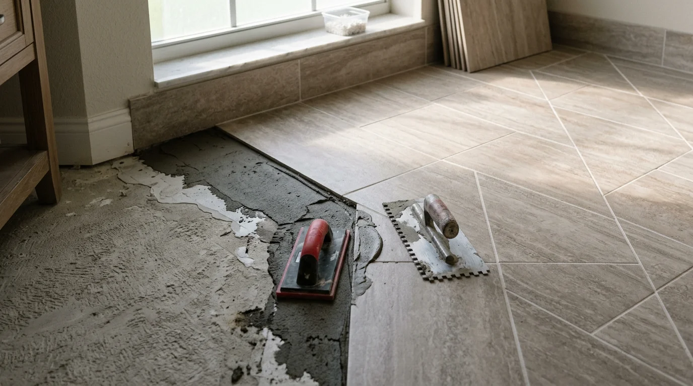 Freshly installed large-format floor tile in a Naples home bathroom, showing clean grout lines and a moisture-resistant surface finish. The room reflects the open, light interior style common in Southwest Florida residential remodels.