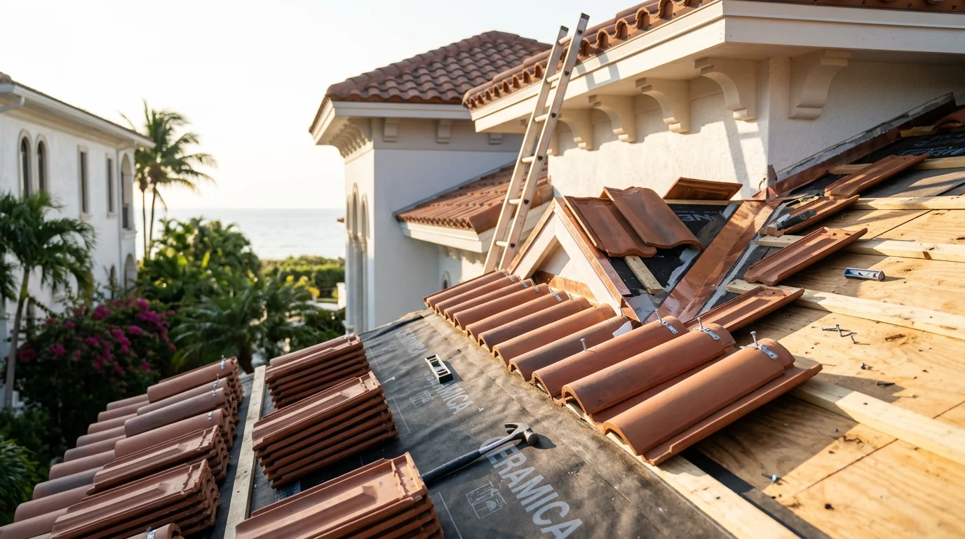 Newly installed clay tile roof on a single-family home in Naples, Florida, with a Mediterranean hip-roof profile and clear blue sky overhead. Close-up view shows uniform tile coursing and finished ridge detail typical of Collier County residential construction.