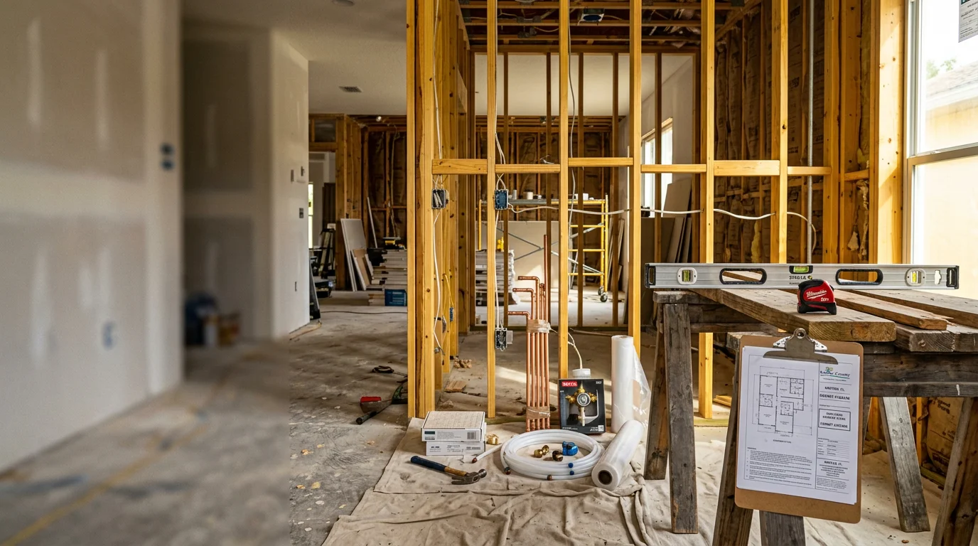 A fully remodeled open-concept living and kitchen area inside a Southwest Florida home near Naples, showing updated flooring, modern cabinetry, and coastal-appropriate finishes. The space reflects a complete whole house renovation coordinated by a general contractor serving Collier County.